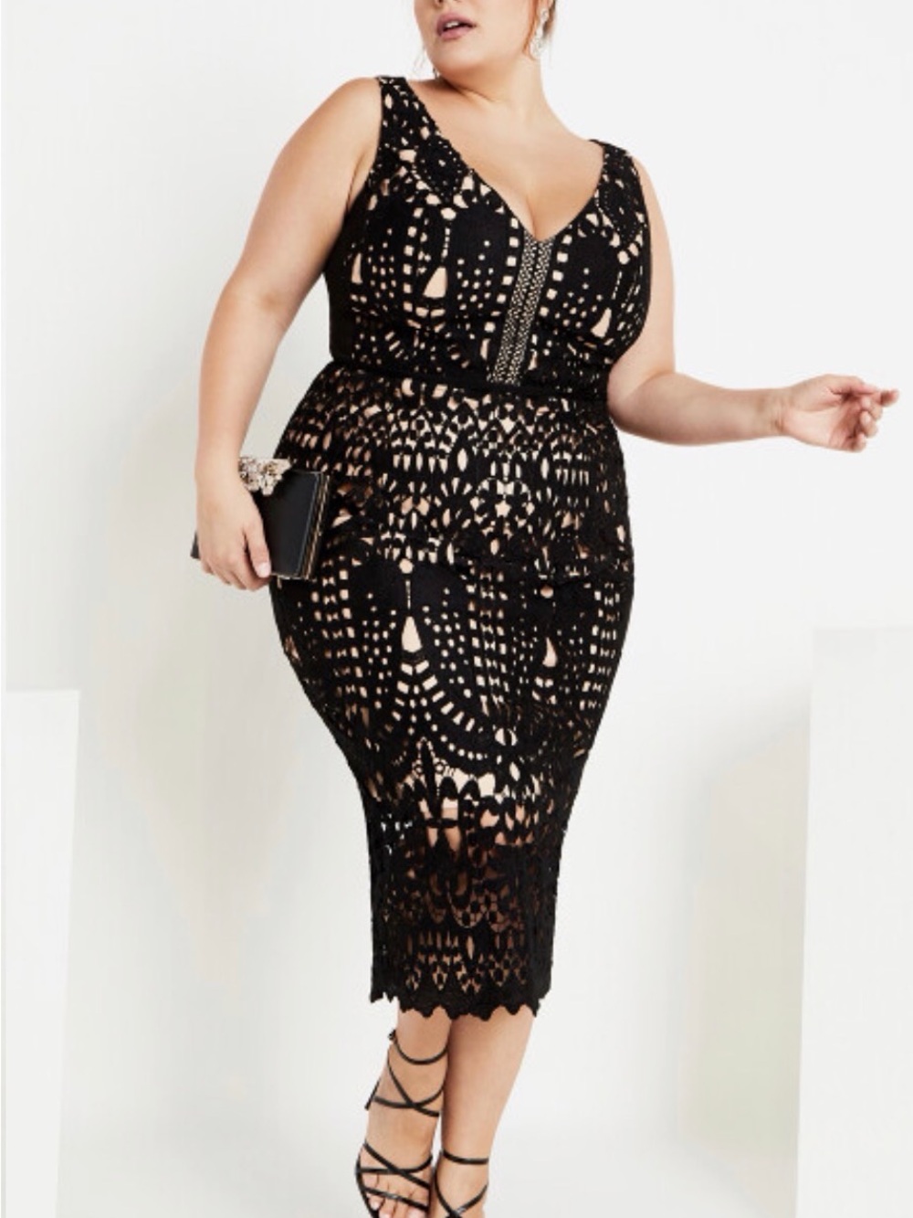 Plus Size Black Lace Midi Dress with Nude Underlay